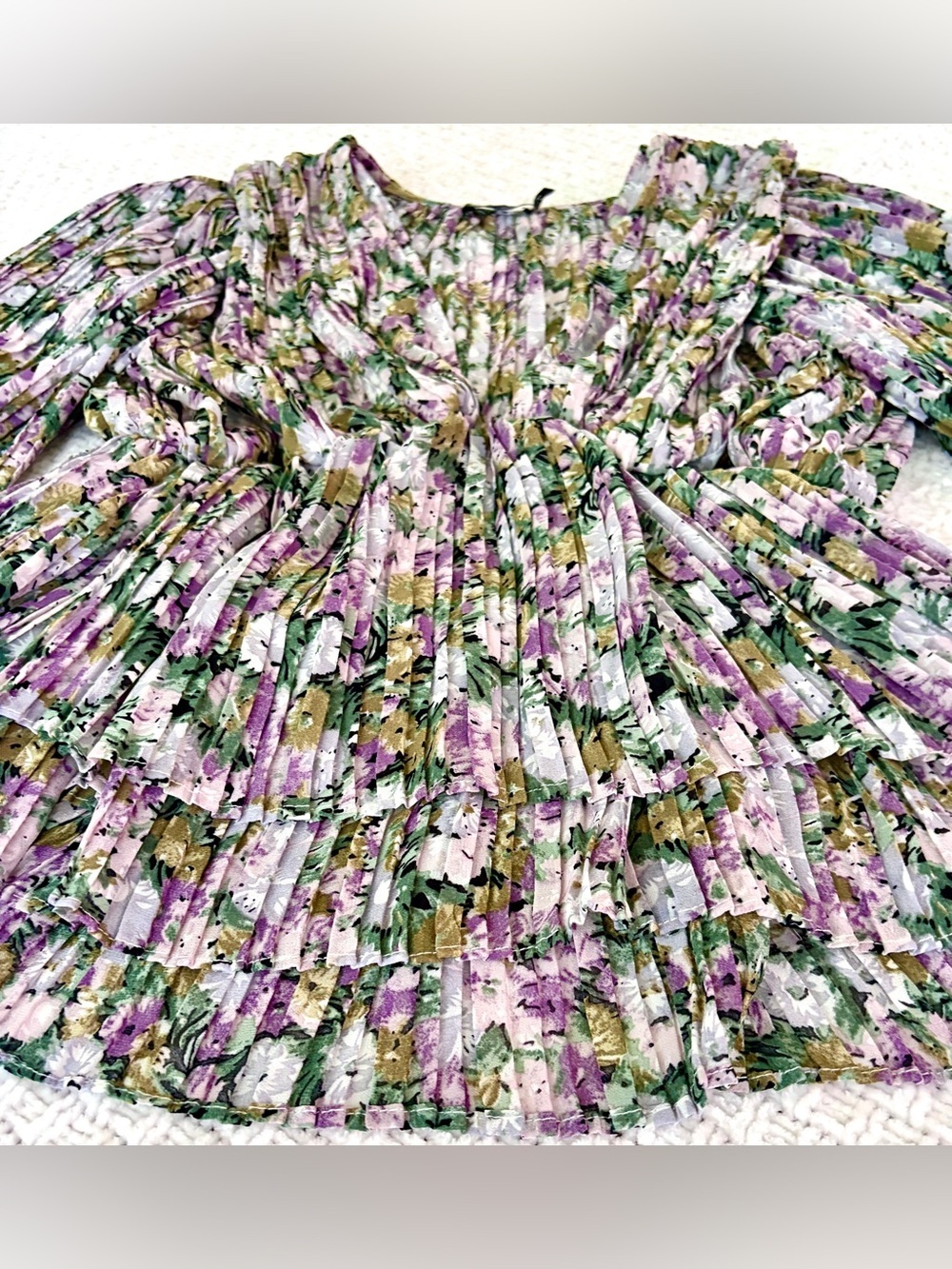 Nasty Gal Top Blouse Lavender Green Floral All Plisse Accordion Pleated Peplum M - Picture 5 of 10